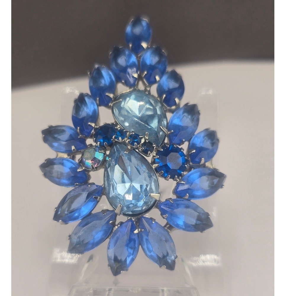 Vintage Estate Brooch Open Back Blue Rhinestone Cluster Marquise Silver Tone